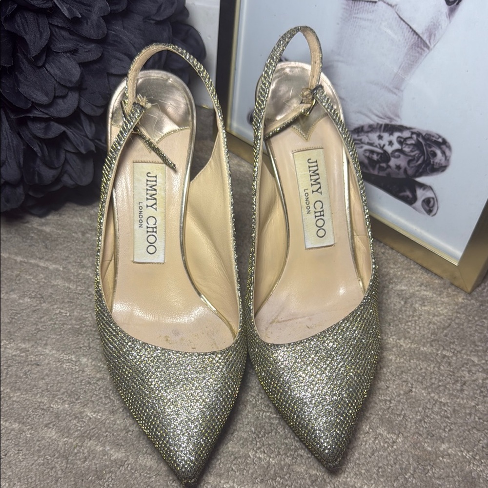 Jimmy Choo Gold Slingback Heels - Picture 3 of 10